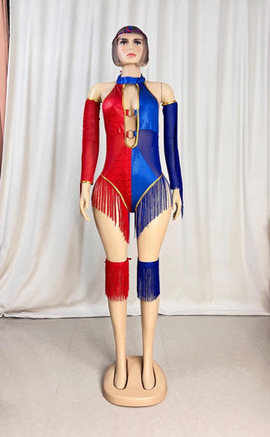 Women's Red and Blue Halter Fringe Bodysuit with Sleeves and Leg Cuffs for Dance