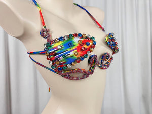 Bikini Top Women's Multi-color Rhinestone Embellished Abstract Print Tie-Dye Straps Dance