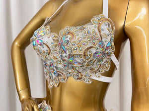 Women's White Embellished Halter Neck Two-Piece Ballroom Latin Dance Dress with Ruffled Skirt