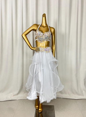 Women's White Embellished Halter Neck Two-Piece Ballroom Latin Dance Dress with Ruffled Skirt