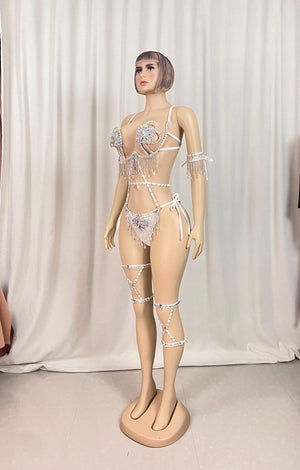 Women's White Sequin Fringe Rhinestone Halter Bodysuit with Leg Garters - Carnival Dancewear