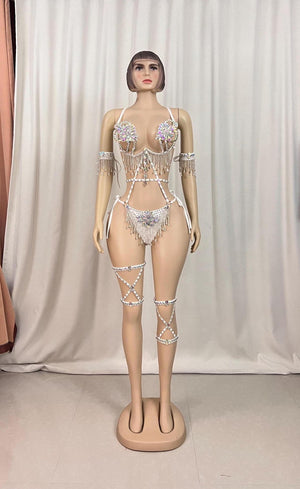 Women's White Sequin Fringe Rhinestone Halter Bodysuit with Leg Garters - Carnival Dancewear