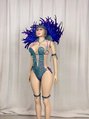 Carnival Costume Adult Women's Blue & Purple Sequin & Feather Bodysuit with Headpiece, Necklace, and Armbands