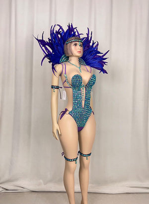 Carnival Costume Adult Women's Blue & Purple Sequin & Feather Bodysuit with Headpiece, Necklace, and Armbands