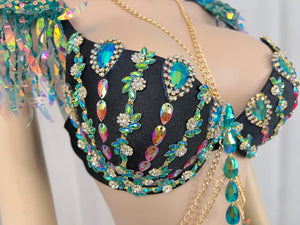 Women's Black & Green Sequin Beaded Fringe Latin Dance Costume