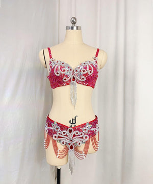 Belly Dance Costume Women's Fuchsia Beaded Sequin Bra and Hip Scarf with Rhinestone Fringe, Cabaret