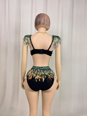 Women's Black & Green Sequin Beaded Fringe Latin Dance Costume