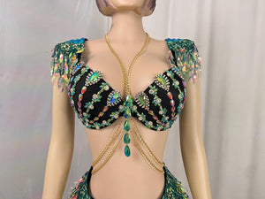 Women's Black & Green Sequin Beaded Fringe Latin Dance Costume