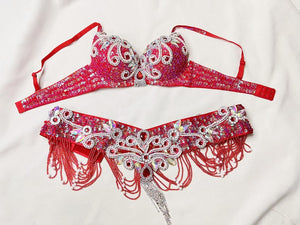 Belly Dance Costume Women's Fuchsia Beaded Sequin Bra and Hip Scarf with Rhinestone Fringe, Cabaret