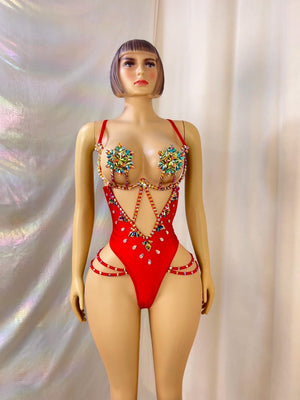 Women's Red Rhinestone Embellished Cut-Out Bodysuit, Brazilian Samba Dancewear