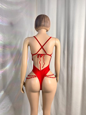 Women's Red Rhinestone Embellished Cut-Out Bodysuit, Brazilian Samba Dancewear