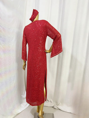 Women's Red Sequin Deep U-Neck Bell Sleeve Maxi Dress, Latin Dance