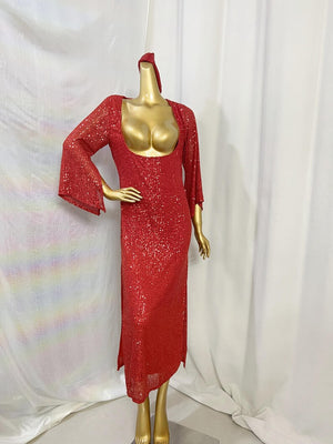 Women's Red Sequin Deep U-Neck Bell Sleeve Maxi Dress, Latin Dance