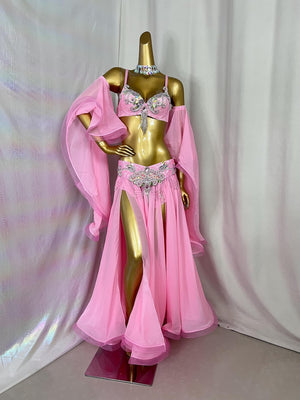 Belly Dance Costume Women's Pink Sequin Chiffon Slit Skirt Set with Sleeves and Rhinestone Embellishments, Adult