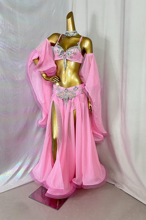 Belly Dance Costume Women's Pink Sequin Chiffon Slit Skirt Set with Sleeves and Rhinestone Embellishments, Adult