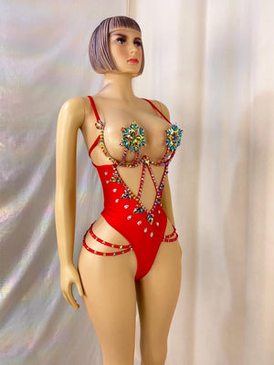 Women's Red Rhinestone Embellished Cut-Out Bodysuit, Brazilian Samba Dancewear