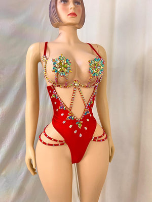 Women's Red Rhinestone Embellished Cut-Out Bodysuit, Brazilian Samba Dancewear