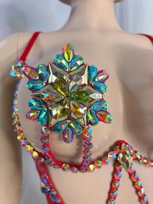 Women's Red Rhinestone Embellished Cut-Out Bodysuit, Brazilian Samba Dancewear