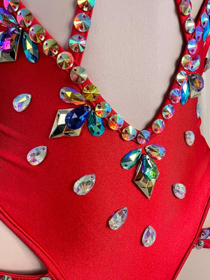 Women's Red Rhinestone Embellished Cut-Out Bodysuit, Brazilian Samba Dancewear