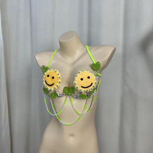 Dancing Bra Top Women's Green Yellow Crocheted Smiley Sunflower Sequin Beaded Halter Top Rave Festival Wear