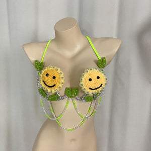 Dancing Bra Top Women's Green Yellow Crocheted Smiley Sunflower Sequin Beaded Halter Top Rave Festival Wear