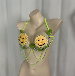 Dancing Bra Top Women's Green Yellow Crocheted Smiley Sunflower Sequin Beaded Halter Top Rave Festival Wear