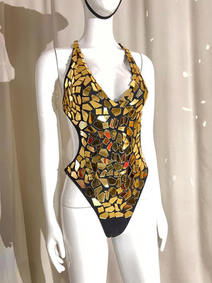 Dance Bodysuit Women's Gold Mirrored Halter Disco Style
