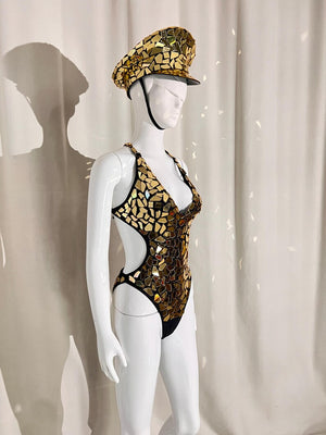 Dance Bodysuit Women's Gold Mirrored Halter Disco Style
