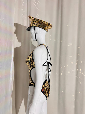 Dance Bodysuit Women's Gold Mirrored Halter Disco Style