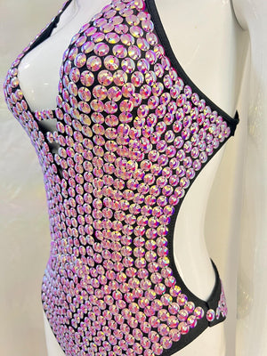 Women's Iridescent Sequin Rhinestone Halter Neck Dance Leotard - Ballroom, Latin, Jazz