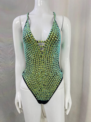 Women's Iridescent Sequin Rhinestone Halter Neck Dance Leotard - Ballroom, Latin, Jazz