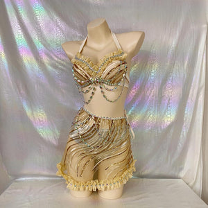 Women's Gold Sequin Halter Top & Mini Skirt Set with Rhinestone Chains, Belly Dance Costume