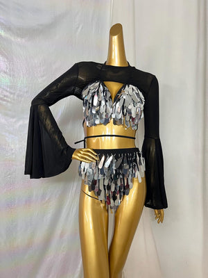 Dance Two-Piece Set, Women's Black & Silver Sequin Mesh Long Sleeve Crop Top & High Waist Bottom, Rave Dancewear