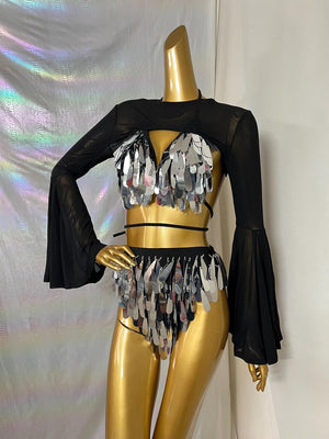 Dance Two-Piece Set, Women's Black & Silver Sequin Mesh Long Sleeve Crop Top & High Waist Bottom, Rave Dancewear