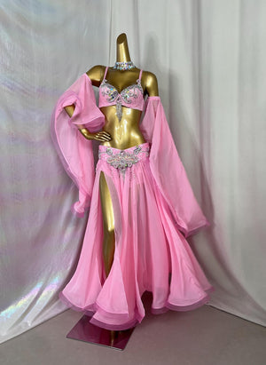 Belly Dance Costume Women's Pink Sequin Chiffon Slit Skirt Set with Sleeves and Rhinestone Embellishments, Adult