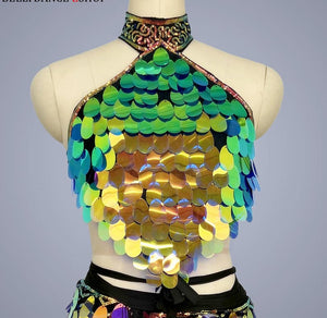 Women's Iridescent Sequin Halter Crop Top & Fringe Skirt Set - Belly Dance Costume