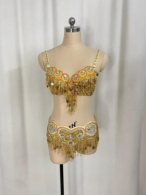 Women's Gold Embellished Sequin Fringe Belly Dance Bra and Belt Set