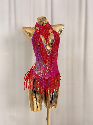 Women's Red & Pink Ombre Sequin Fringe Halter Latin Dance Dress