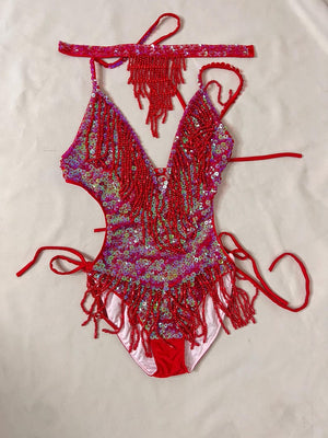 Women's Red & Pink Ombre Sequin Fringe Halter Latin Dance Dress