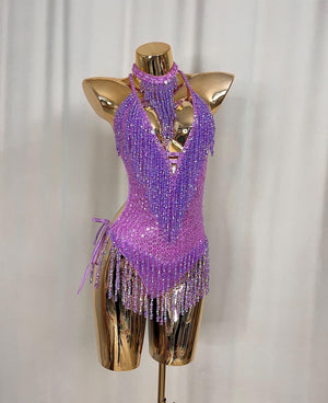 Women's Purple Sequin Beaded Fringe Halterneck Latin Dance Leotard