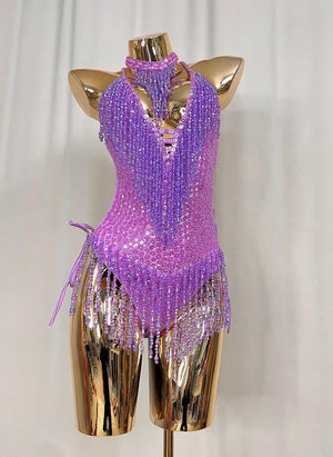 Women's Purple Sequin Beaded Fringe Halterneck Latin Dance Leotard