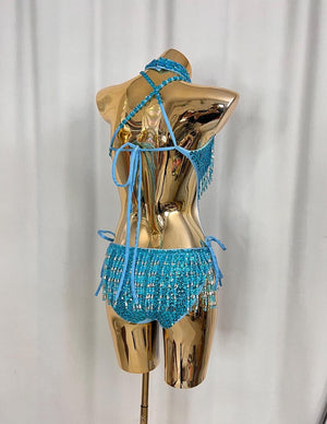 Women's Teal Sequin Beaded Fringe Halter Neck Latin Dance Bodysuit