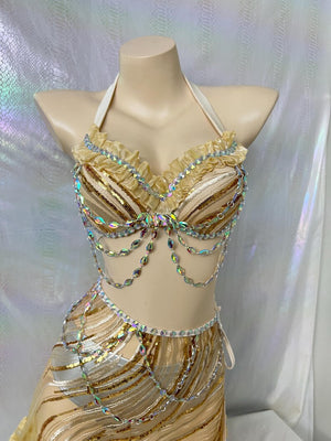 Women's Gold Sequin Halter Top & Mini Skirt Set with Rhinestone Chains, Belly Dance Costume