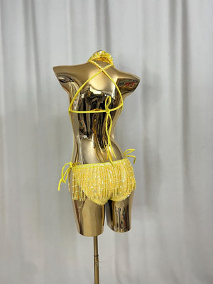 Women's Yellow Sequin Beaded Fringe Halterneck Latin Dance Dress