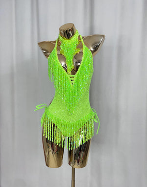 Women's Neon Green Sequin Fringe Halter Leotard Latin Dancewear