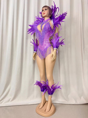 Women's Purple Feathered Sequin Beaded Fringe Leotard with Arm Cuffs and Ankle Cuffs for Samba Dance