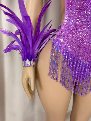 Women's Purple Feathered Sequin Beaded Fringe Leotard with Arm Cuffs and Ankle Cuffs for Samba Dance