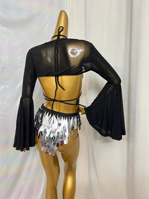 Dance Two-Piece Set, Women's Black & Silver Sequin Mesh Long Sleeve Crop Top & High Waist Bottom, Rave Dancewear
