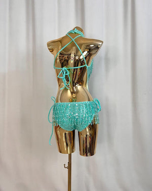 Women's Teal Sequin Beaded Fringe Halterneck Latin Dance Bodysuit