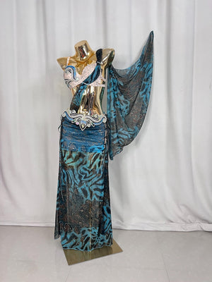 Belly Dance Costume Women's Blue & Black Animal Print Chiffon & Sequin Bra Top with Embellished Hip Scarf & Skirt Set